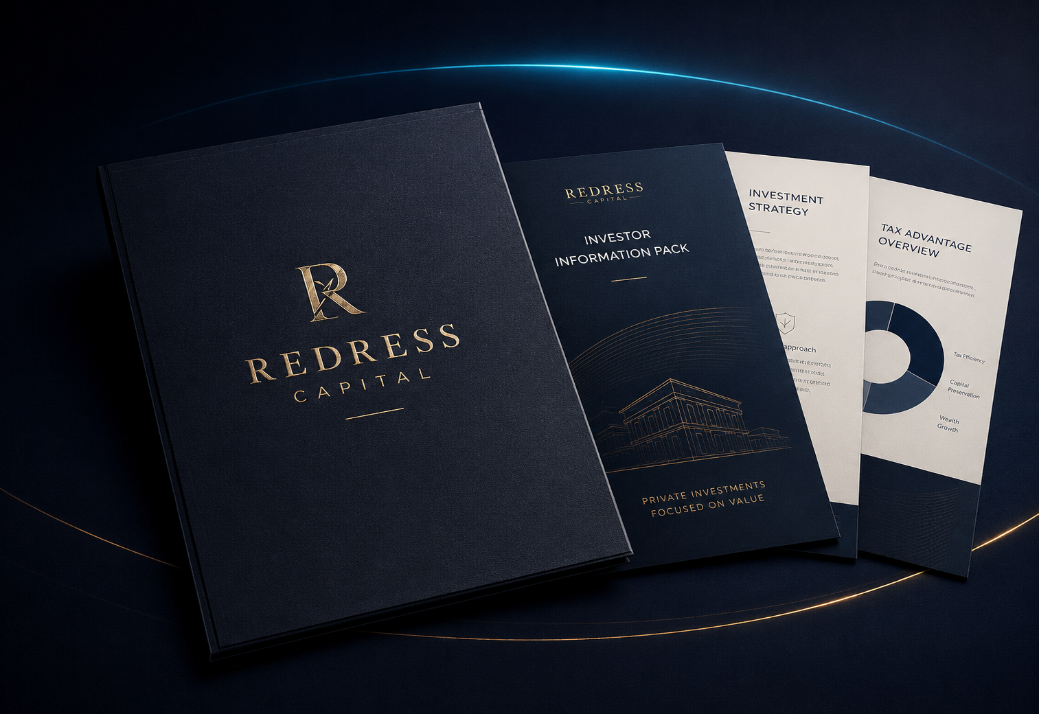 Redress Capital investor information pack — navy portfolio with bronze foil branding, including investment strategy, tax advantage overview and private investment memorandum documents